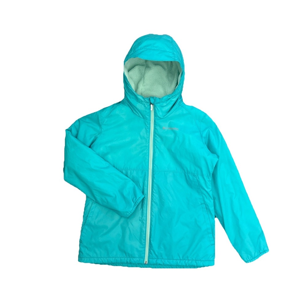 Columbia Girls Turquoise Hooded Jacket Fleece Lined Waterproof Windbreaker XL